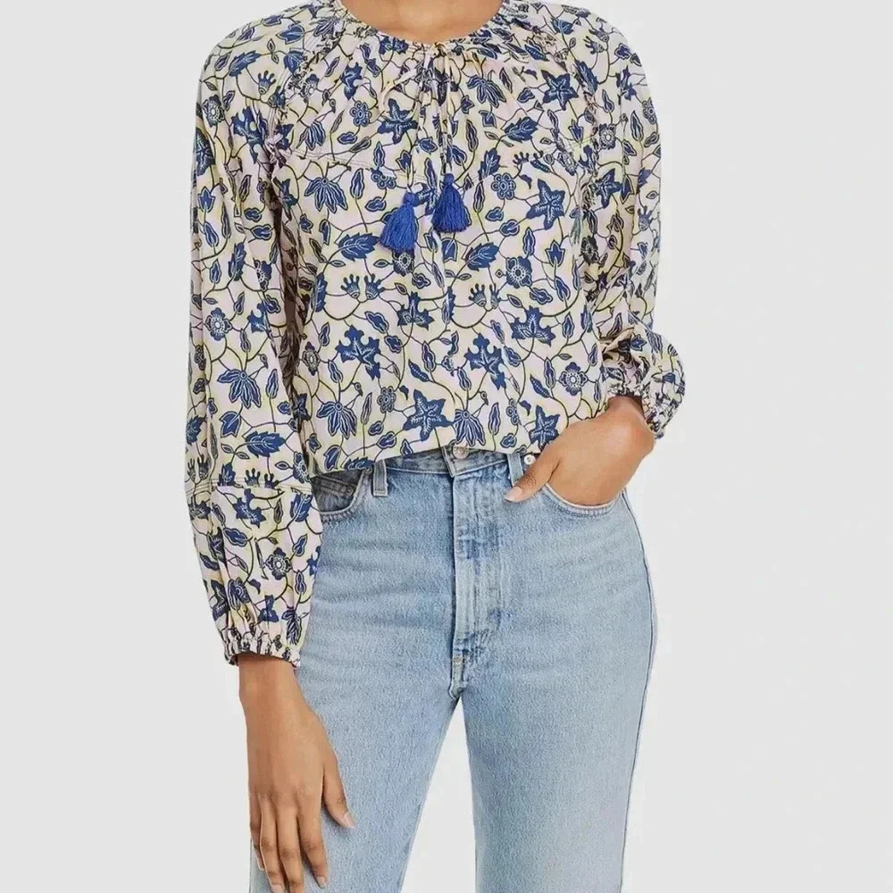 Blue Floral Tassel-Neck Peasant Blouse